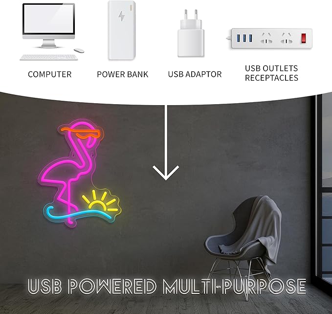 Flamingo Neon Sign Dimmable Flamingo Led Neon Lights Sun Wave Neon Signs for Bedroom Living Room Restaurant Man Cave Bar Club Party Decoration Gift