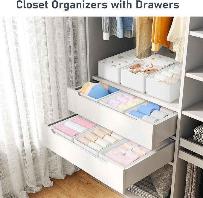 DIMJ Drawer Organizer Clothes - Underwear Organizer Small Sock Organizer Box Dresser Organizer,Drawer Dividers for Baby Clothes,Bra,Socks, Belt, Tie, Set of 6,White