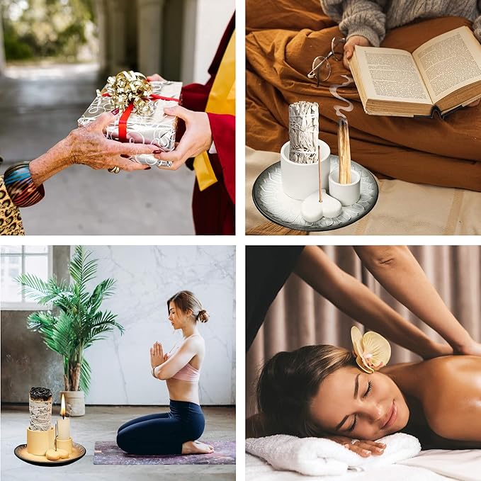 4 in 1 Incense Burner Holder,Incense Sage and Palo Santo Holder,Incense Stick Holder,Ceramic Incense Holder Ash Catcher,for Meditation Room (Black)