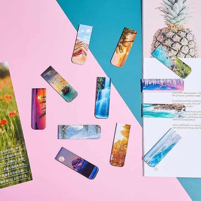 Tenare 24 Pcs Magnetic Bookmarks 12 Styles Assorted Cute Landscape Magnet Book Markers Magnetic Page Clip, Double Side Funny Book Marks for Women Men Reading Supplies