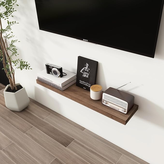 Axeman Floating Shelves, 8 Inch Deep Modern Solid Wood Wall Shelves for Storage, Wall Mounted Display Shelving with Invisible Heavy-Duty Metal Bracket, 36" W x 8" D x 1.6" H, Walnut