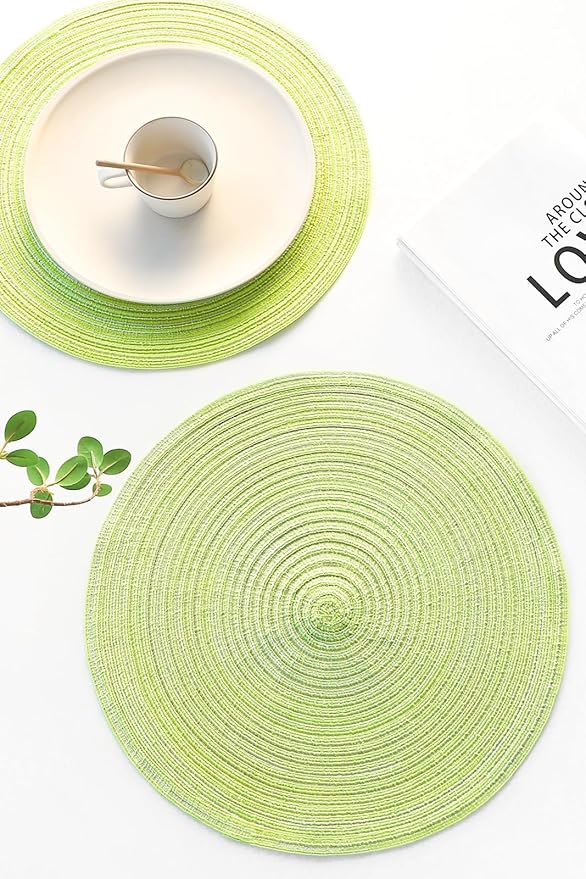 Floroom 15 Inch Round Braided Placemats Set of 4, Washable Heat Resistant Cotton Polyester Circle Place Mats for Kitchen Dining Table - Spring Green