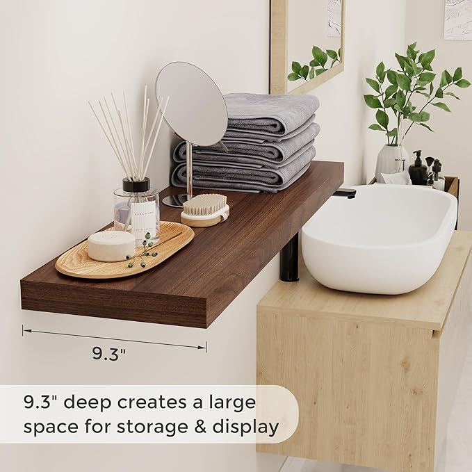 Fun Memories 9.3 Inch Deep Floating Shelves, 36" x 9.3" Rustic Wood Wall Shelves 36 Inch Long, Large Wall Shelves for Book, Living Room, Bedroom, 36" W x 9.3" D x 1.5" H, Walnut Color, Set of 2