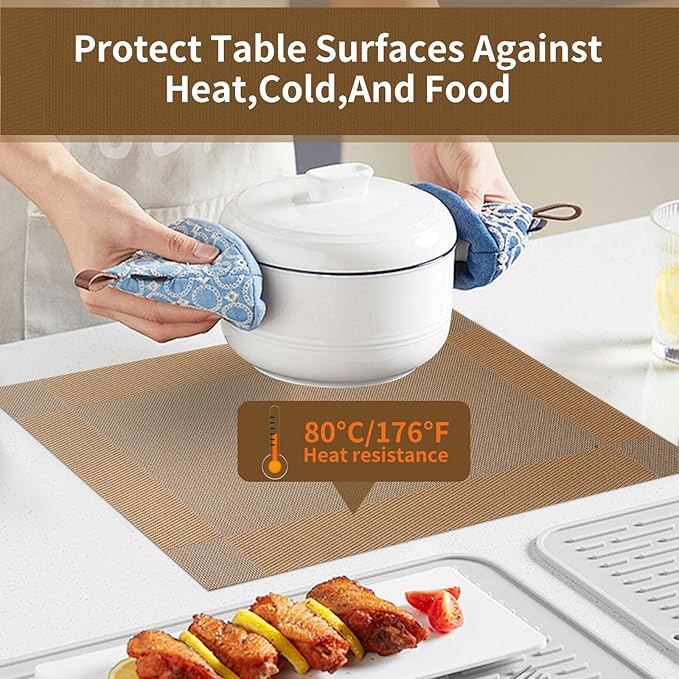 Brown Placemats Set of 8-Durable PVC Vinyl Woven Place Mats for Dining Table Heat Resistant Non-Slip Washable Indoor/Outdoor Table Mats 12 x 17 inch