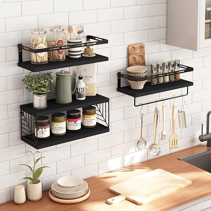 Fixwal 3+1 Tier Wall Mounted Bathroom Shelves Over Toilet, Rustic Wood Floating Shelves with Metal Frame and Towel Bar for Bathroom, Kitchen, Bedroom, Living Room (Black)