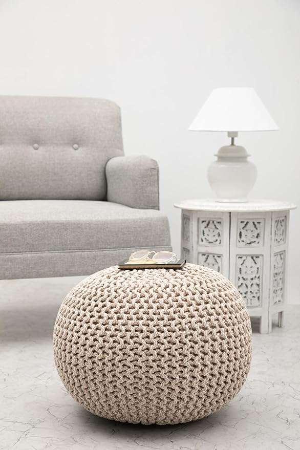COTTON CRAFT Round Pouf - Hand Knitted Tweed Cable Dori Pouf Ottoman - Cotton Braid Cord Foot Stool Footrest Accent Seat Furniture Bean Bag - Family Room Kids Nursery Dorm - 20x14 - Natural