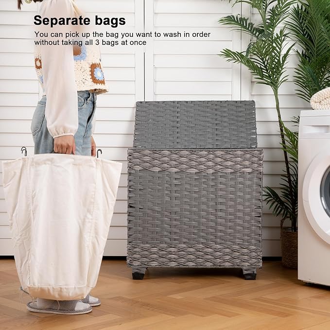 OIAHOMY Laundry Hamper with Lid, 140L Synthetic Rattan Clothes Hamper with Handles, Handwoven Large Laundry Basket with 3 Removable Liner Bags, Foldable, Laundry Room, 27*13*26 Inches, Gradient Grey