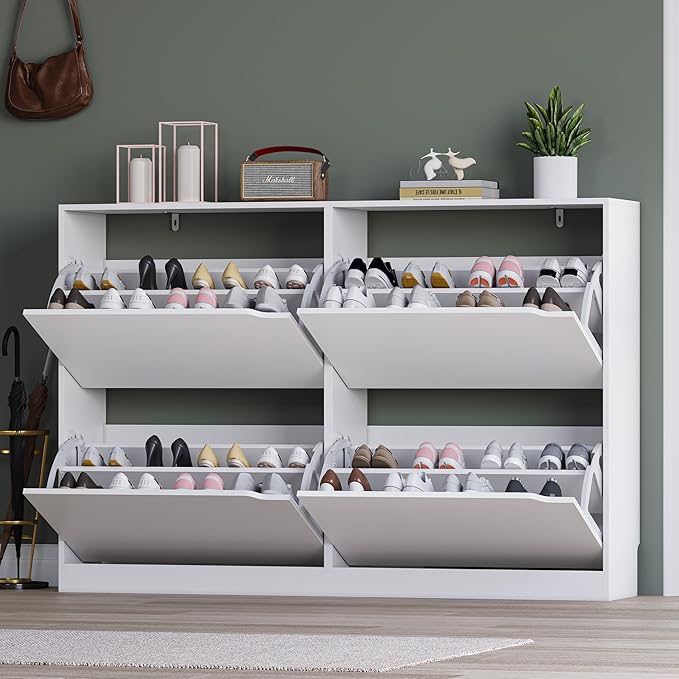 Shoe Cabinet with 4 Flip Drawers, Narrow Hidden Shoe Storage Cabinet, Slim Freestanding Shoe Rack Organizer for Entryway, Hallway, Bedroom, Living Room
