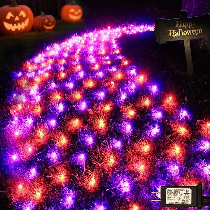 Hallloween Net Lights Outdoor, 360LED 21ft x 5ft Purple Orange Mesh Lights with 8 Modes & Timer, Connectable Waterproof Christmas Light for Bushes Xmas Tree Wedding Party Garden Lawn
