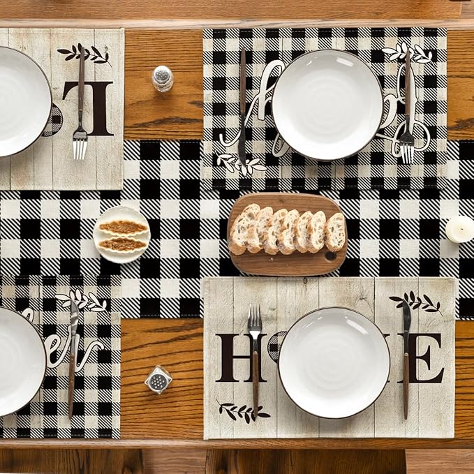 Artoid Mode Love Family Home Together Buffalo Plaid Placemats Set of 4, 12x18 Inch Farmhouse Table Mats Party Kitchen Dining Decoration