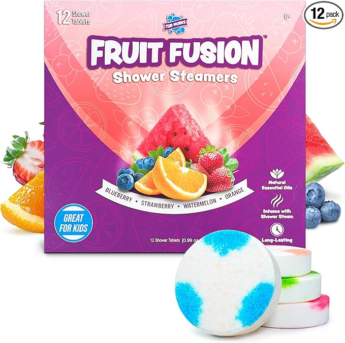 Tub Works® Fruit Fusion™ Shower Steamers for Kids, Variety 12 Pack | Fresh & Fruity Shower Steamers Aromatherapy | Fun Shower Bombs | Alternative to Kids Bath Bombs for a Sensory Shower Experience