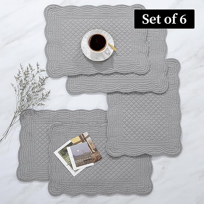 HOMBYS Quilted Placemats Set of 6 Washable-13x18 inches Rectangular Placemats for Kitchen Table-100% Cotton Fabric Rectangular Table Mats, (Dark Grey)