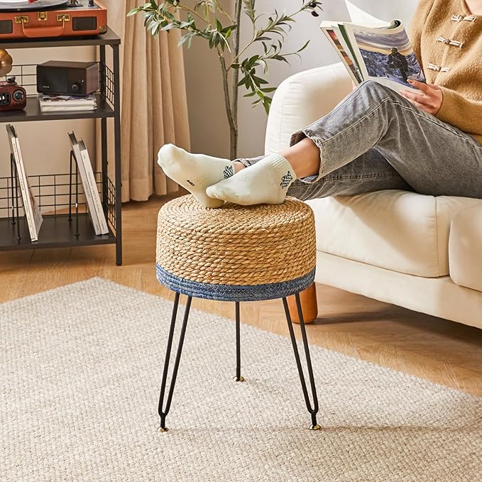 YMYNY Footstool Natural Seagrass Hand Weave, Vanity Makeup Stool, Pastoral Style, Padded Foot Rest with Metal Legs, Foot Rest Sofa Stool, for Living Room, 12.59"L×12.59"W×17.71"H Natural&Blue UHBD029Q
