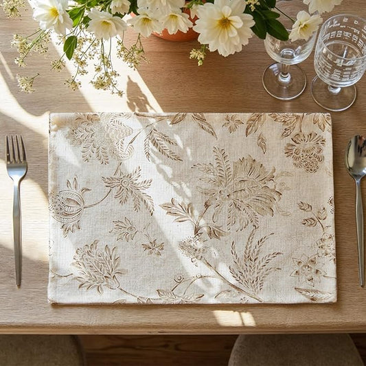 JINCHAN Linen Floral Fall Placemats Set of 4 Cloth Table Mats Rustic Cottagecore Jacobean Outdoor Seasonal for Kitchen Dining Table Decor Non-Slip Washable Tablemats 13x19 Inch Taupe