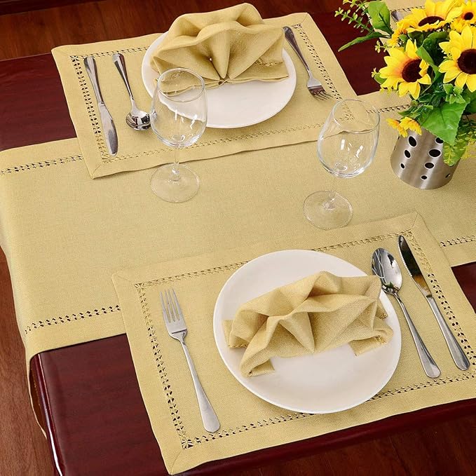 Grelucgo Handcrafted Solid Color Dining Table Runner, Dresser Scarf, Double-Hemstitched (Yellow, 14 x 54)