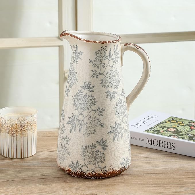 Enra Blue and White vase with Handle,12.2 inch Ceramic Vintage Decorative Flower Pitcher vase, Chinoiserie Floral Vase,Large Rustic Vases for Home Decors, Living Room, Bookshelf, Office