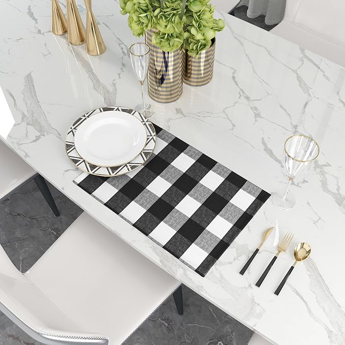 Black & White 2 Side Cotton Buffalo Check Placemats Set of 4 Heat Resistant Dining Table Place Mats for Kitchen Table, 12 x 18 inches
