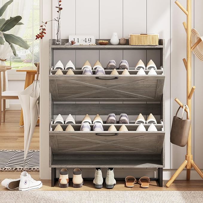 Maupvit Shoe Cabinet with 2 Flip Drawers, Freestanding Shoe Cabinet Organizer with Metal Legs, Shoes Storage Cabinet for Entryway, Narrow Shoe Rack Cabinet, Washed Gray