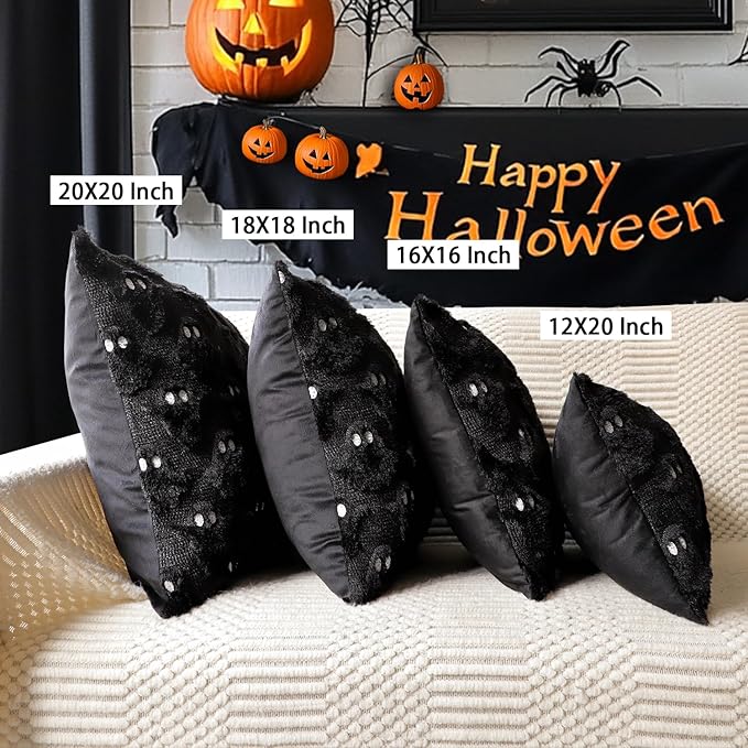 4TH Emotion Halloween Ghost Decorative Pillow Covers 20x20 Set of 2, Black Soft Plush Faux Fur Farmhouse Throw Cushion Cases for Fall Autumn Holiday Home Decorations