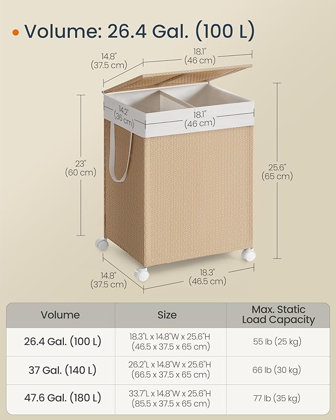 SONGMICS HOME Laundry Hamper with 2 Section, 100 L Large Rolling Laundry Basket with Wheels, Rattan Clothes Hamper with Lid, Removable Liner with Handles, Natural Beige and Matte White ULCB601N01