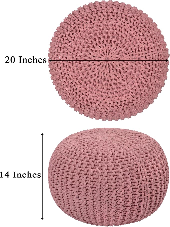COTTON CRAFT Round Dori Pouf - Cotton Braid Cord Cable Knitted Ottoman - Foot Stool - Footrest - Floor Pouf - Woven Ottoman - Bean Bag - Living Room Dorm - 20 inches Diameter x 14 Height - Blush Pink