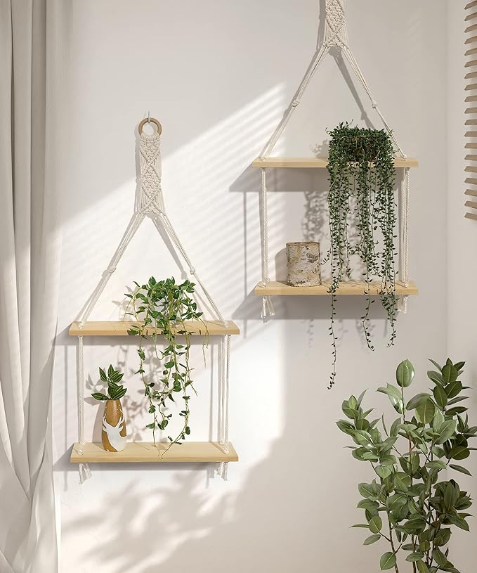 Afuly Macrame Wall Hanging Shelf Boho Floating Shelves Cotton Rope Rustic Home Decor 2 Tiers Plant Hanger Photo Display Tissue Towel Storage Organizer for Living Room Bedroom Bathroom Hallway, Beige