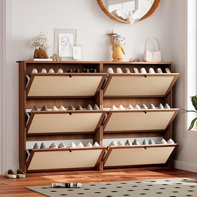AVZEAR Narrow Shoe Storage Cabinet for Entryway with Natural Linen Panel, Freestanding Slim Shoe Cabinet with 3 Flip Drawers, Wood Shoe Organizer Closed Shoe Rack for Hallway, Living Room(Walnut)