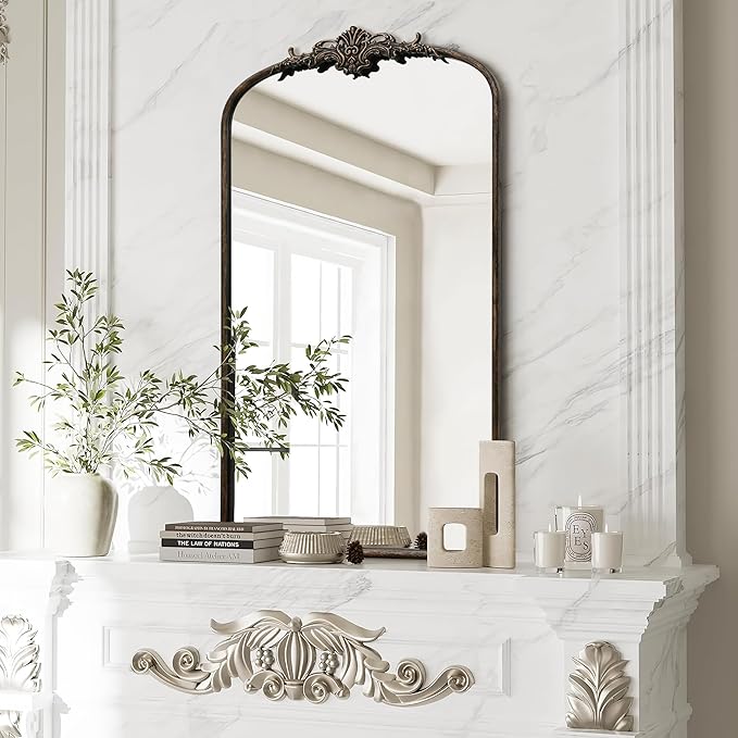 Antique Baroque Arched Mirror: 24"x42" Black Vintage Wall Mounted Mirror - Traditional Ornate Metal Frame - Ideal for Entryway/Living Room/Hallway/Bathroom