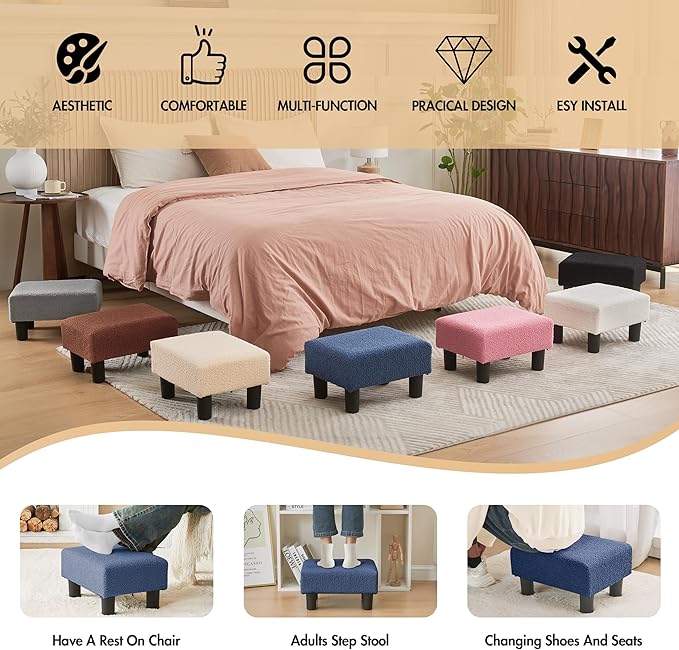 BRIAN & DANY Small Foot Stool Ottoman, Footstool with Legs, Teddy Velvet Foot Rest for Living Room, Bedroom and Office, Blue