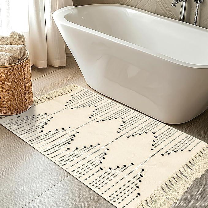 Tritard Boho Washable Area Rug 2x4.3 - Kitchen Bathroom Runner Rug with Tassels, Farmhouse Woven Cotton Entryway Throw Rugs Aztec Hallway Carpet Bath Mat for Bedroom, Laundry, Doorway, Beige Cream
