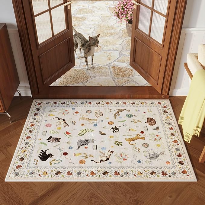 Door Mat Indoor Entrance 2x3 Rug Machine Washable Boho Floral Animal Cat Small Area Rug Non-Slip Low Pile Throw Rugs for Entryway Kitchen Front Door Indoor Entrance Entry Kids Room, Beige