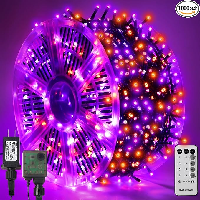 WATERGLIDE 1000 LED Halloween String Lights, 328 FT Green Wire LED Decorative Fairy Lights with Remote & 8 Modes, Waterproof for Outdoor Xmas Holiday Party Garden Wedding Home Decor, Orange & Purple