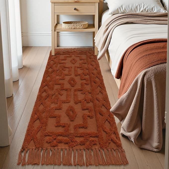Uphome Boho Runners for Hallways 2' x 6', Washable Farmhouse Entryway Runner Rug, Cotton Tufted Bedroom Runner Rugs, Bohemian Tribal Throw Aesthetic Rug for Kitchen Doorway Living Room, Terracotta