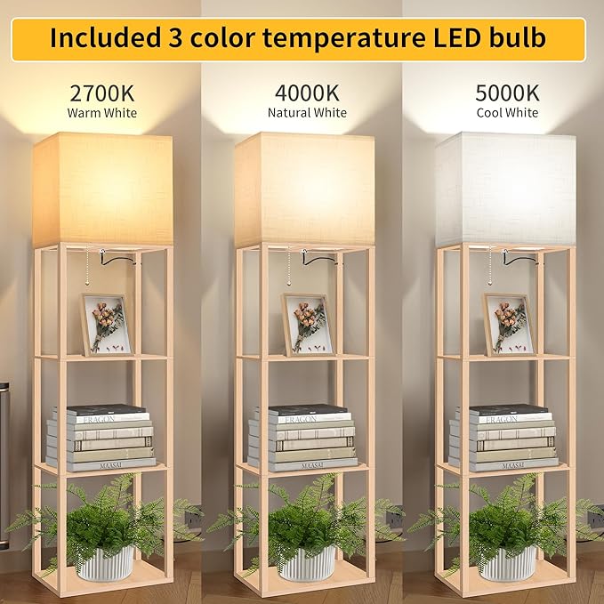 Dott Arts Floor Lamp with Shelves, Wide Floor Lamps for Living Room Display Shelf Lamps with 3 Color LED Bulb,Storage Wood Modern Floor Lamp for Bedroom Standing Lamp for Living Room Office(Burlywood)