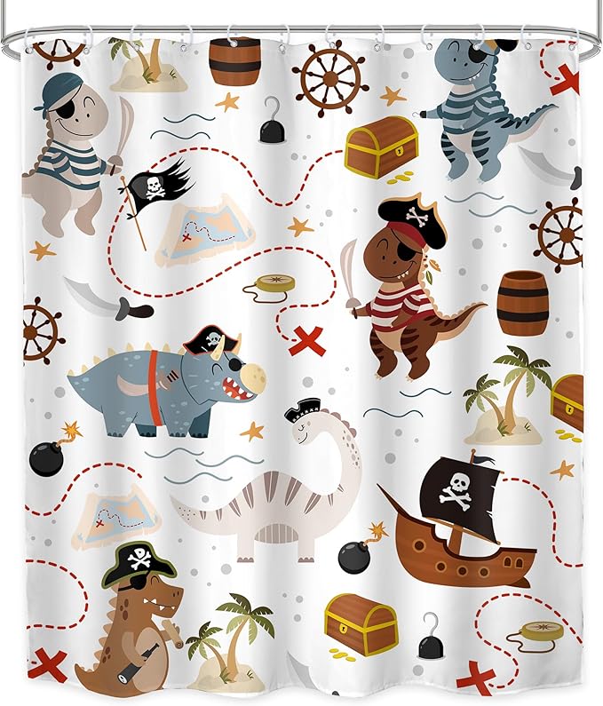 LGhtyro Kids Dinosaur Shower Curtain Bathroom Set 60Wx71H Inches Dino Pirate Boys Ship Cartoon Funny Nautical Sailboat Trex Raptor Bath Accessories Cute Animal Art Home Decor Fabric 12 Pack Hooks
