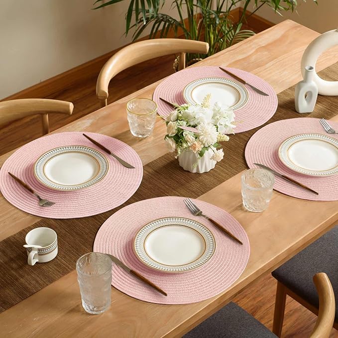 FunWheat Round Braided Placemats Set of 6 Place mats for Dining Tables Woven Heat Resistant Table Mats 15 inch (Pink)