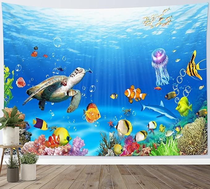 HVEST Blue Ocean Sea Turtle Tapestry Wall Hanging Tropical Fish Jellyfish and Coral Reef Wall Art Summer Nautical Tapestry for Kids Bedroom Living Room Dorm Wall Decor,92.5Wx70.9H inches