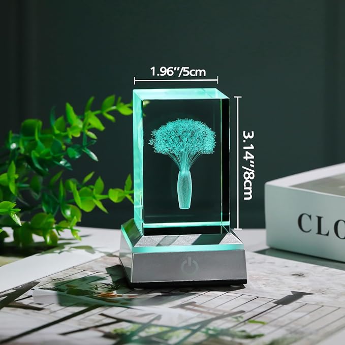 3D Crystal Babys Breath with Colorful Light Base Laser Engraved- Fake Baby Breath Flowers Figurines Statue Laser Engraved - Baby's Breath Room Party Classroom Nature Decor Birthday Mothers Day Valenti