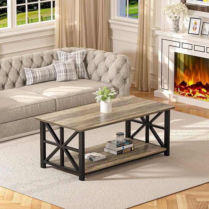 GreenForest Coffee Table for Living Room with Round Corners Farmhouse Style Center Table with Storage Shelf 39 Inch Space Saving Easy Assembly Gray Wash