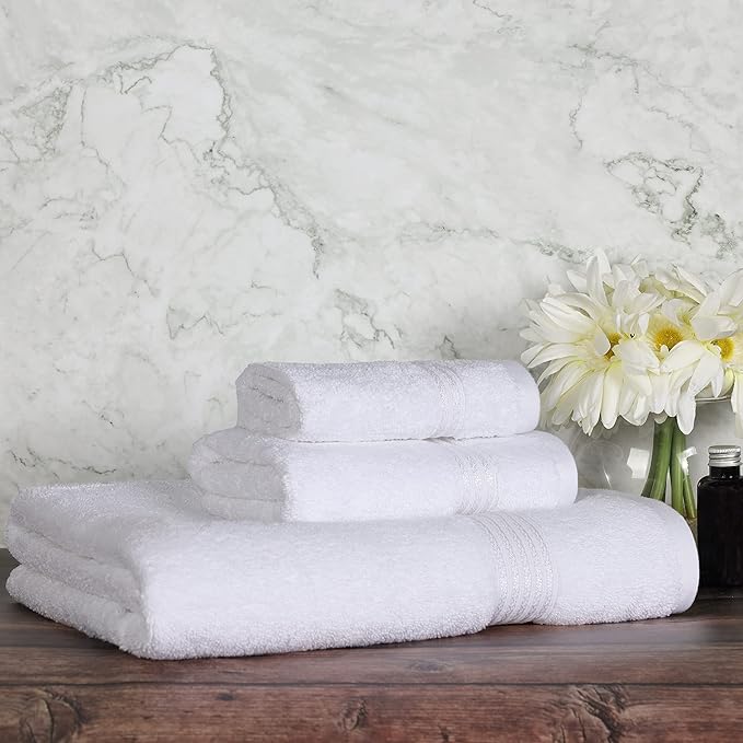 Superior Egyptian Cotton 3-Piece Towel Set, Basic Towels For Bathroom, Home Decor, Guest Bath, Shower, Apartment, Included 1 Face, 1 Hand, 1 Bath Towel, Washcloth, Quick Dry, White
