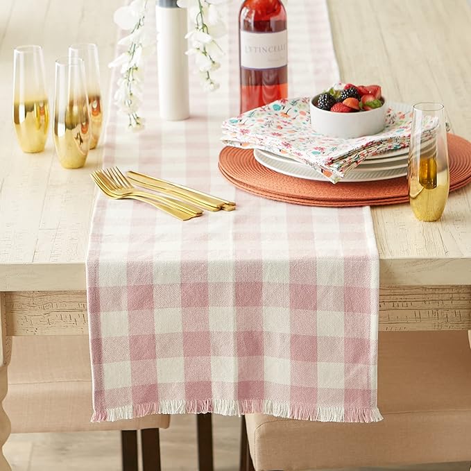 DII Heavyweight Fringed Check Tabletop Collection, Table Runner, 14x72, Pale Mauve