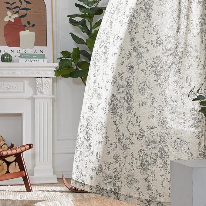 jinchan Linen Blend Curtain Floral Curtains for Living Room 96 Inch Length Grey Printed Curtain Back Tab Farmhouse Peony Flower Patterned Drapes Bedroom Window Curtains Set 2 Panels