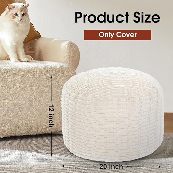 HOMBYS Unstuffed Ottoman Pouf Cover,Round Faux Fur Foot Stool, Fuzzy Chair, Floor Bean Bag(No Filler),Foot Rest with Storage for Living Room, Bedroom, Office, Striped Tufted (Beige)