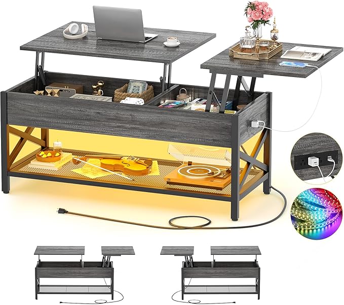 Aheaplus Lift Top Coffee Center Table with LED Light and Power Outlet, Modern Table with Storage Shelf for Living Room, Lift Tabletop, X Support, Metal Frame, Black Oak
