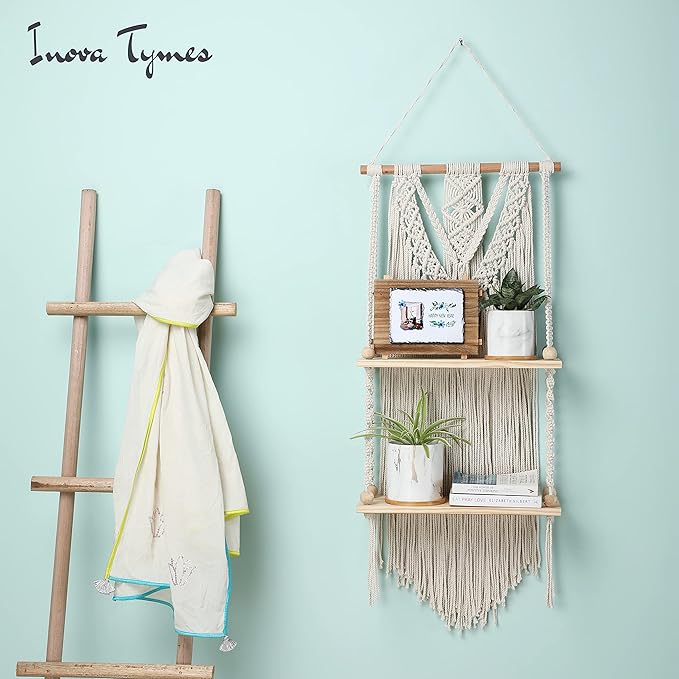 Macrame Wall Hanging Shelf - Boho Shelves Bedroom Decor | Macrame Wall Decor for Kitchen, Plant Hanger Shelves for Wall, Woven Rope Floating Shelves & Home Storage Organizer - 2 Tier