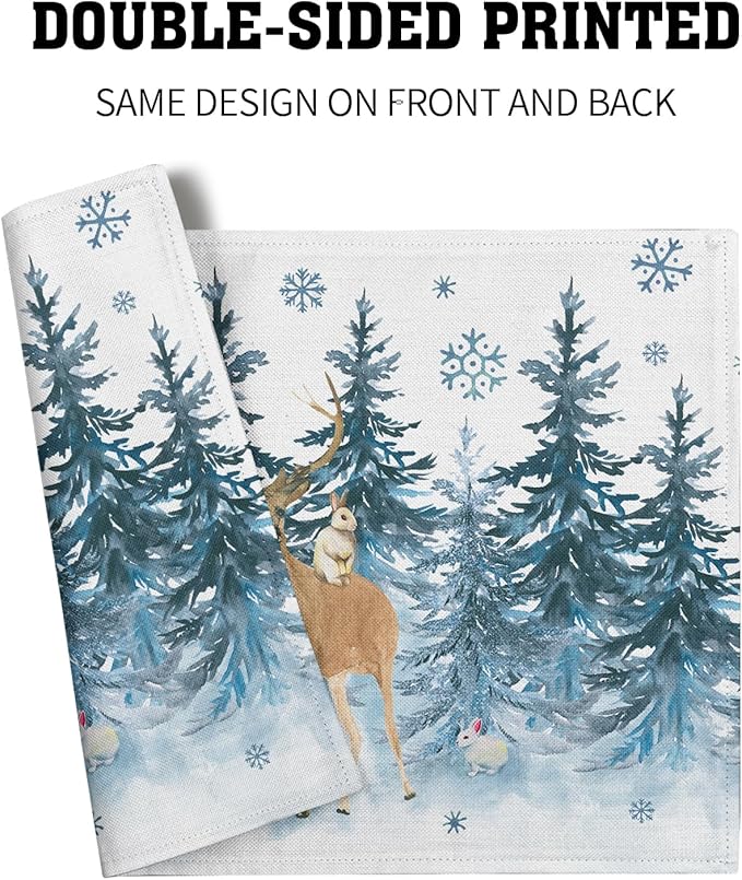 Watercolor Forest Reindeer Placemats Set of 4 - Blue Pine Tree Winter Snowflakes Non-Slip Washable Cloth Place Mats 12 x 18 Inch Reusable Table Mats for Kitchen Dining Holiday Decoration