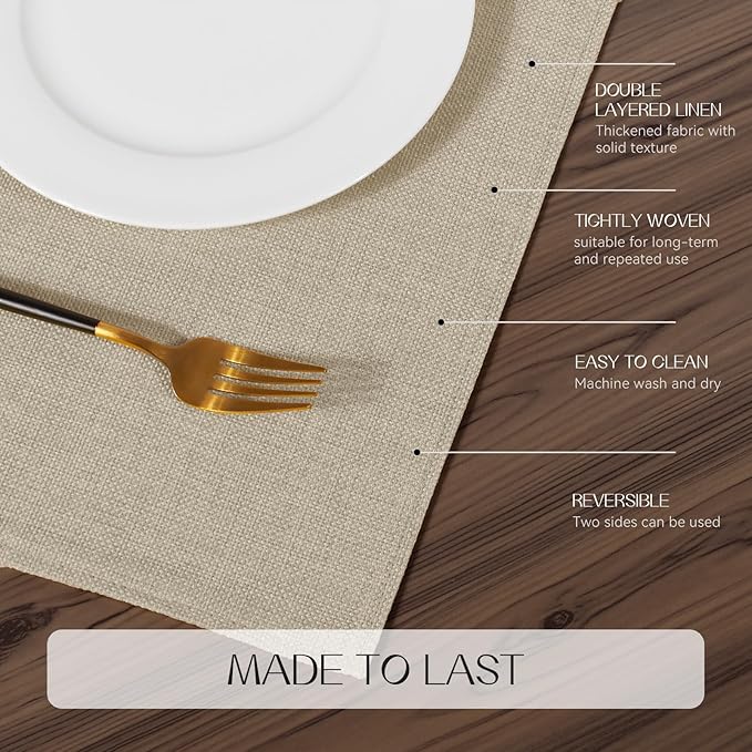 Romanstile Cloth Placemats Set of 8-12 x 18 Inch, Heat Resistant Double Layered Thickened Burlap Place Mats, Washable Faux Linen Farmhouse Table Mats for Kitchen/Dining/Party/Outdoor, Beige