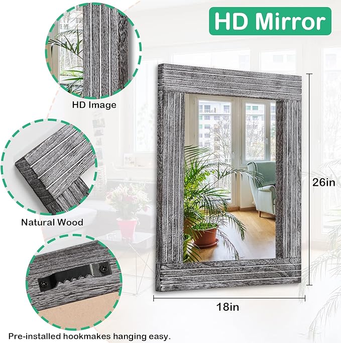 Large Wall Mirror Farmhouse Vintage Rustic Wood Framed Rectangular Mirror Decorative Dressing Table Entrance Bedroom Bathroom Mirror 26"x18"