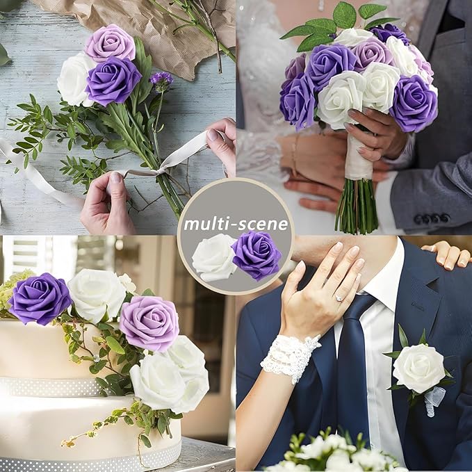 Artificial Flowers 50PCS Purple Roses Real Looking Foam Fake Roses with Leaves and for DIY Wedding Bouquets Bridal Shower Centerpieces Party Decorations (Purple Series, 50)