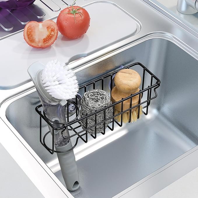 3-In-1 Sponge Holder for Kitchen Sink, 2 Type Suspension Options (Suction Cups & Adhesive Hook), Hanging Sink Caddy Organizer Rack - Sponge, Dish Cloth, Brush, Scrubber, 304 Stainless Steel - Black